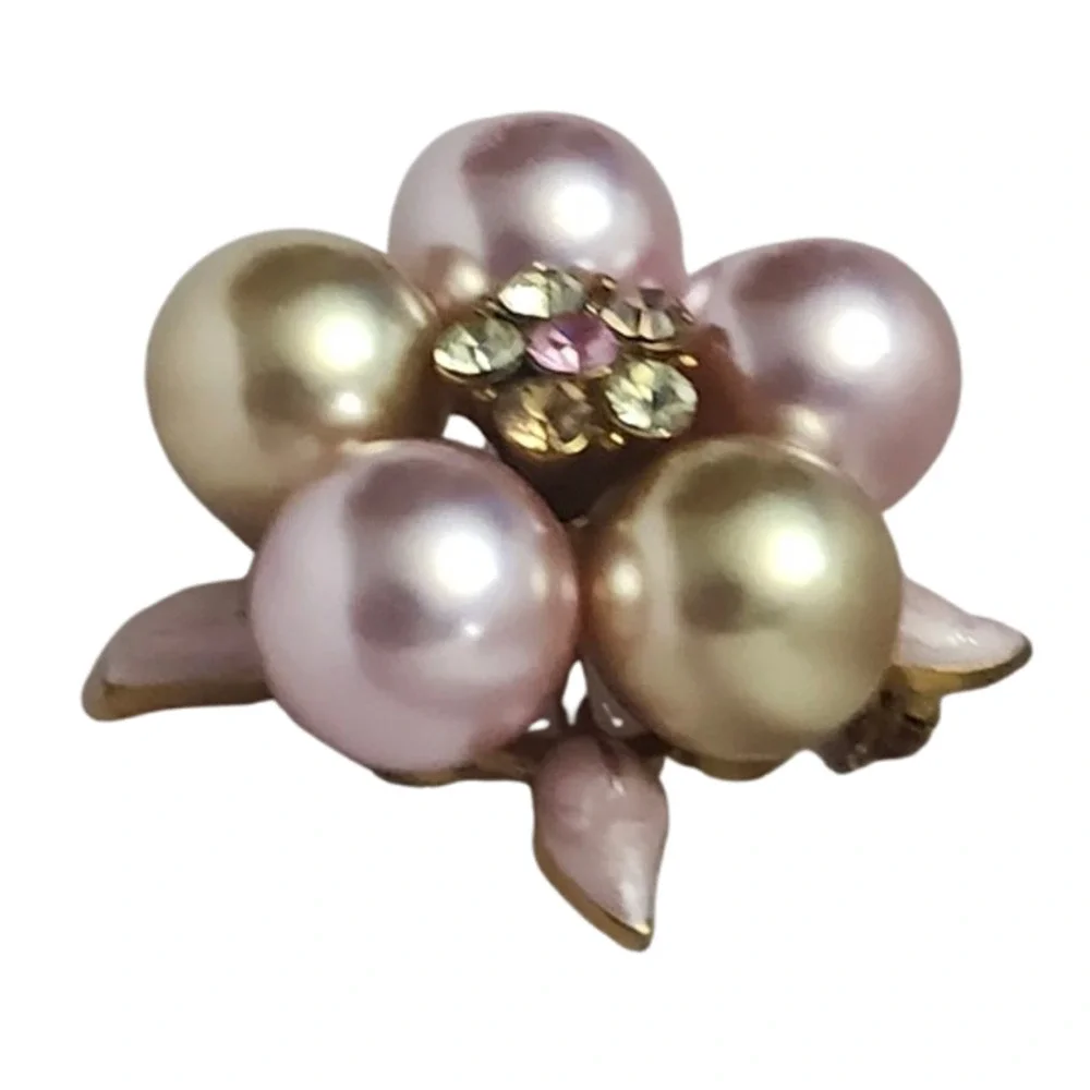 Vintage Mid-Century Faux Pearl & Rhinestone Flower Cluster Brooch Pin